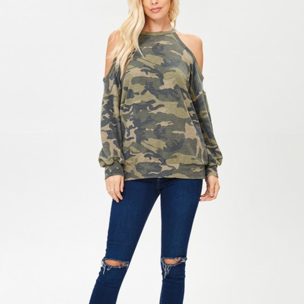 Camo Cold Shoulder French Terry Sweat Top